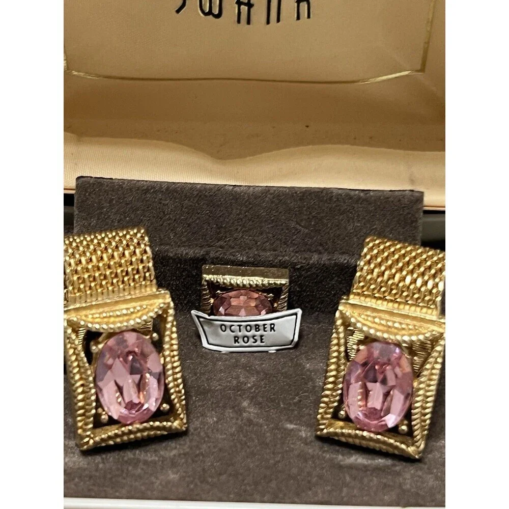 Vintage SWANK October Rose Pink Mesh Cufflinks Tie Tack Set Gold Tone Rare Box